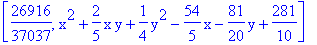 [26916/37037, x^2+2/5*x*y+1/4*y^2-54/5*x-81/20*y+281/10]